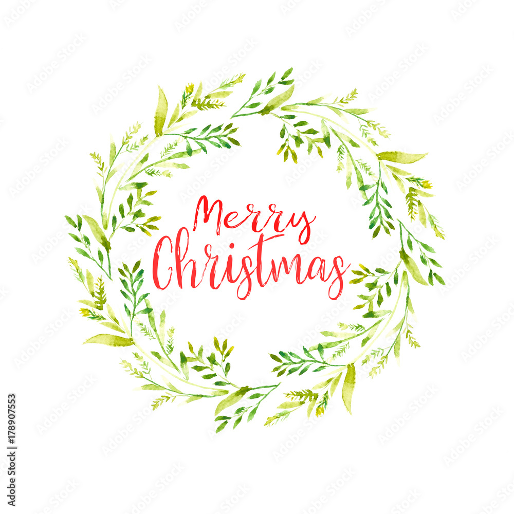 Merry Christmas word with Watercolor Christmas frame of green leaves and red floral wreath in circle on white background