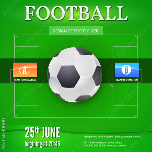 Football or soccer banner with text design. Template for game tournament. Football ball above green field  top view. Sport events design for posters  print design  creative arts. 3D illustration.