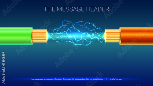 Electrical spark between two insulated, stranded copper wires. Electric cable with sparks. Horizontal design for presentation, posters, cover art, banners or advertising. 3D illustration.