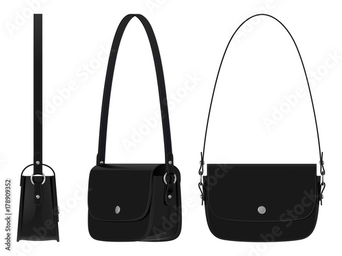 Черная женская кожаная сумка с ремнем для ношения на плече и магнитной застежкой, вид сверху, сбоку и под углом, на белом фоне photo