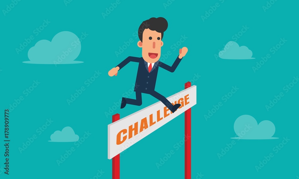 Businessman jump challenge over obstacles in the sky simple cartoon