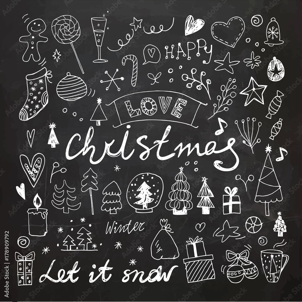 Chalkboard Christmas and New Year doodles collection