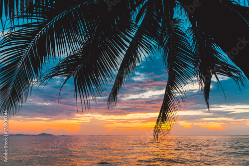 Fototapeta Naklejka Na Ścianę i Meble -  Coconut tree on the beach with sunset sky background ,vintage tone.