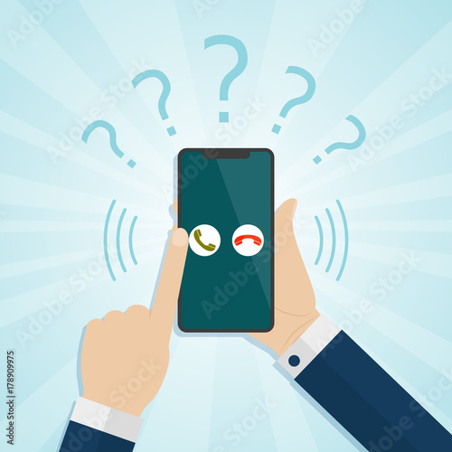 Hand holding smartphone with unknown caller on a screen. Vector illustration.