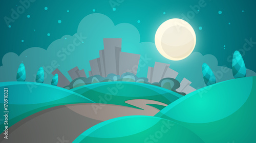 Cartoon night landscape. City, moon, tree road illustration Vector eps 10