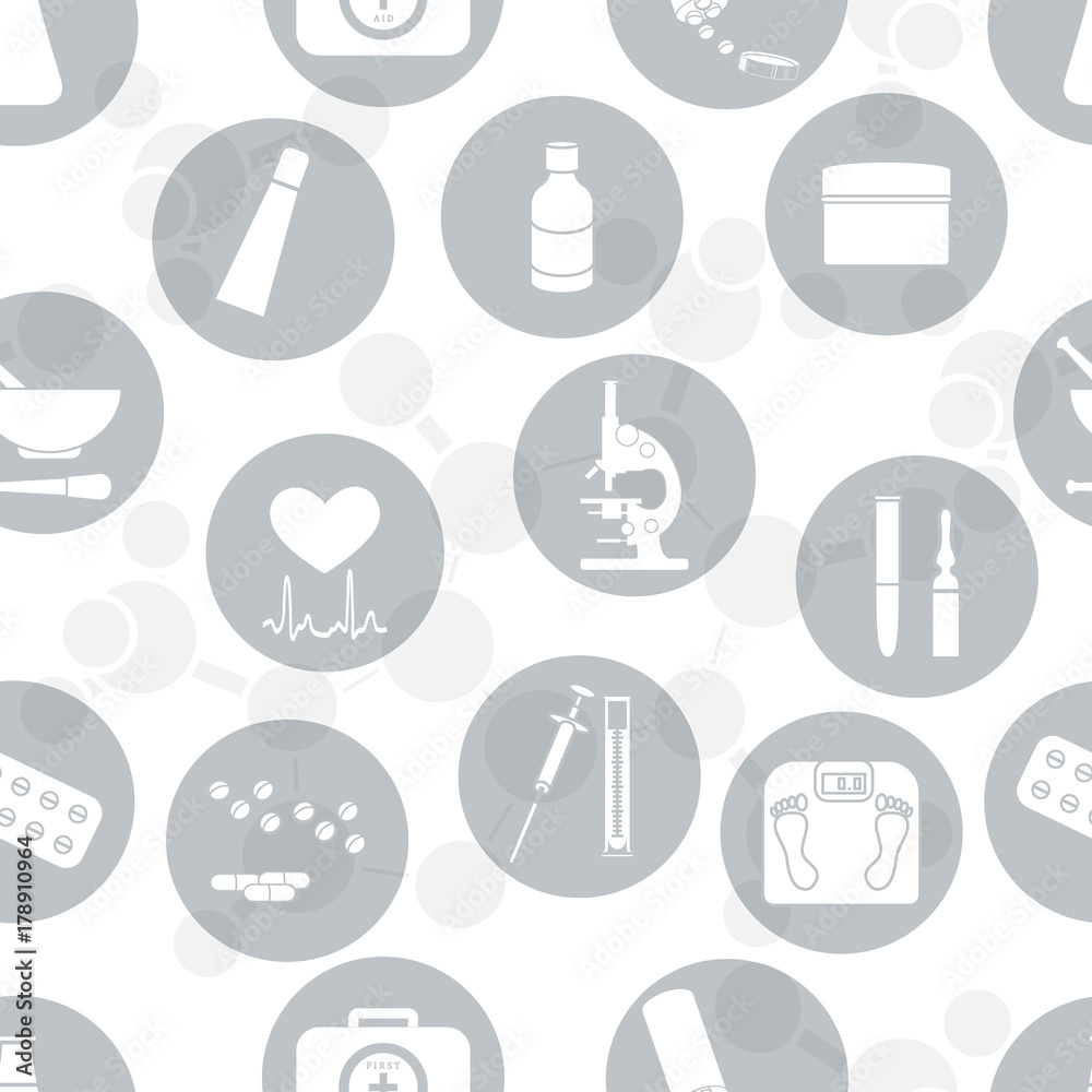 Seamless pattern of various medical devices and drugs first aid kit arranged in a circle.