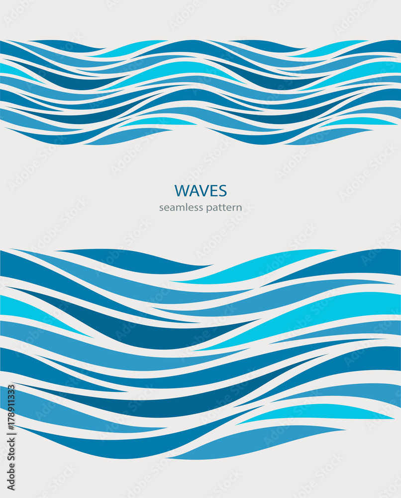 Naklejka Morski bezszwowy wzór z stylizowanymi błękitnymi fala na lekkim tle. Streszczenie projektu Water Wave.