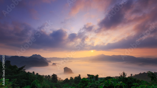 Sunshine and clouds on the morning mist At Phu Lang Ka  Phayao  Thailand