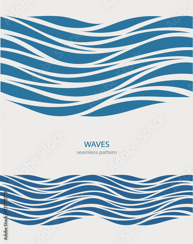 Marine seamless pattern with stylized blue waves on a light background. Water Wave abstract design.