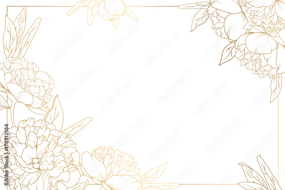 Rose peony flowers border frame with decorated corners. Floral botanical foliage garland bloom blossom. Bright shiny golden gradient light reflection on white background. Vector design illustration. - obrazy, fototapety, plakaty 