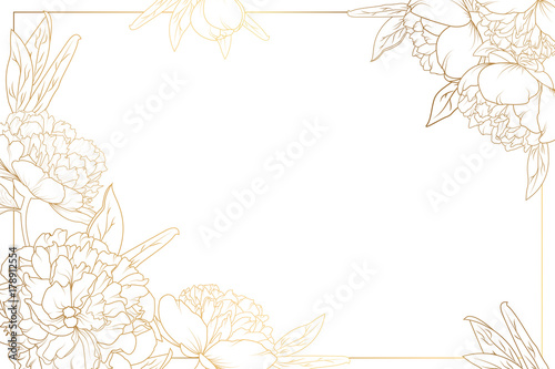 Rose peony flowers border frame with decorated corners. Floral botanical foliage garland bloom blossom. Bright shiny golden gradient light reflection on white background. Vector design illustration.