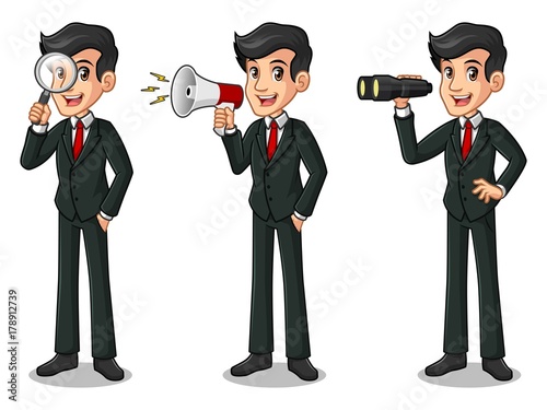 Set of businessman in black suit cartoon character design, looking through binoculars, holding magnifying glass, and talking yelling shouting announcement with megaphone.