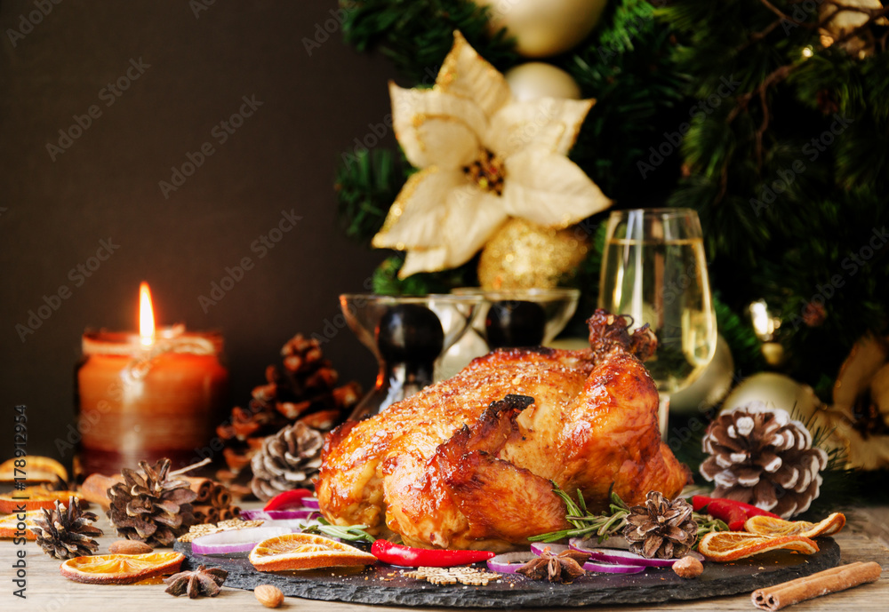 Fototapeta premium Baked turkey for Christmas or New Year space for text