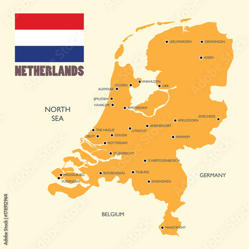 Netherlands map with flag and english label