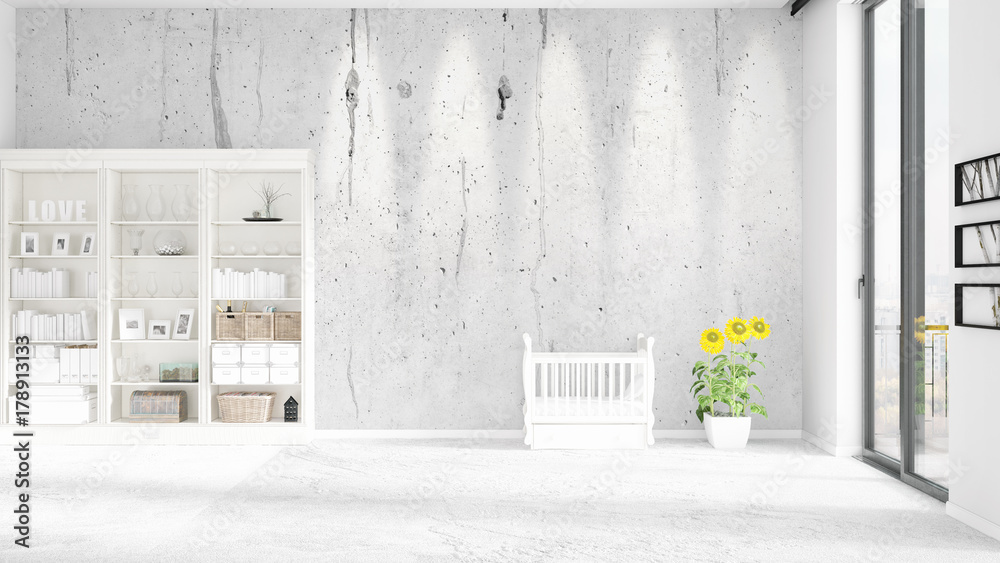 Scene with brand new interior in vogue with white rack and baby bed. 3D rendering. Horizontal arrangement. Scene with brand new interior in vogue with white rack and baby bed. 3D rendering. Horizontal arrangement.