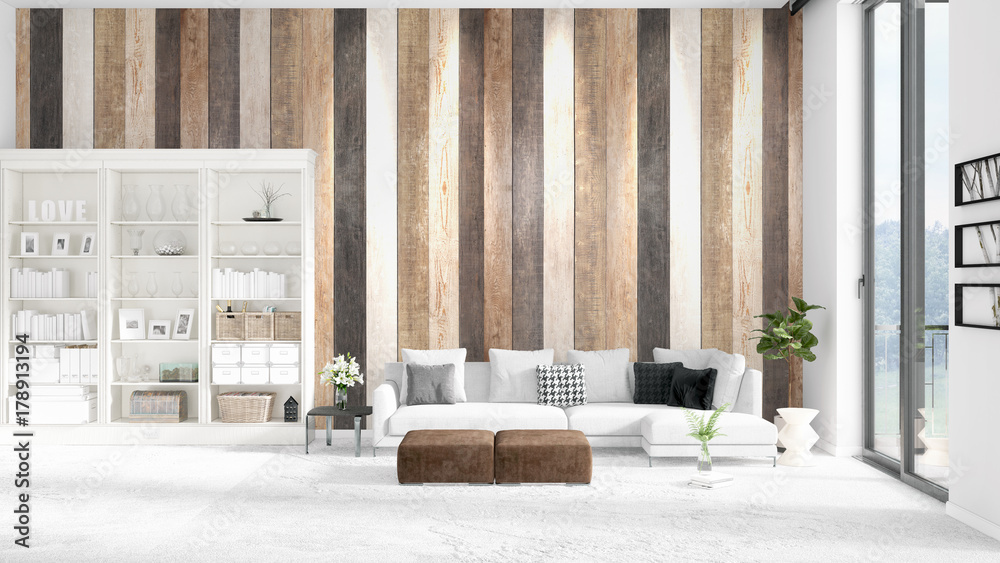 Modern loft interior in vogue with white couch and copyspace in horizontal arrangement. 3D rendering. Modern loft interior in vogue with white couch and copyspace in horizontal arrangement. 3D rendering.