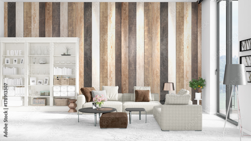 Scene with brand new interior in vogue with white rack and modern grey sofa. 3D rendering. Horizontal arrangement. Scene with brand new interior in vogue with white rack and modern grey sofa. 3D rendering. Horizontal arrangement.