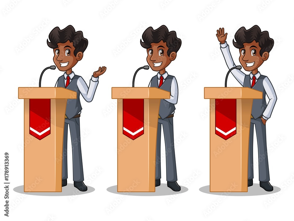 Set of businessman in vest cartoon character design politician orator public  speaker giving a talk speech presentation standing behind rostrum podium,  isolated against white background. Stock Vector | Adobe Stock