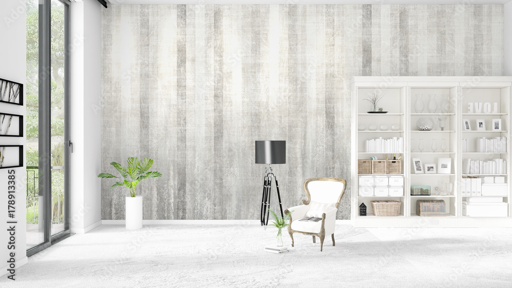 Scene with brand new interior in vogue with white rack and modern bed. 3D rendering. Horizontal arrangement. Scene with brand new interior in vogue with white rack and modern bed. 3D rendering. Horizontal arrangement.