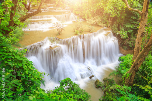 Huay Mae Kamin Waterfall in Khuean Srinagarindra National Park. The beautiful and famous waterfall in deep forest  Kanchanaburi province  Thailand