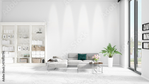 Scene with brand new interior in vogue with white rack and modern grey sofa. 3D rendering. Horizontal arrangement.