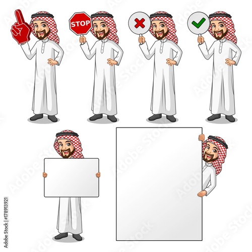 Set of businessman Saudi Arab man cartoon character design holding a blank empty sign board banner billboard card poster, number one big foam hand finger, stop, right correct yes and wrong no signs.