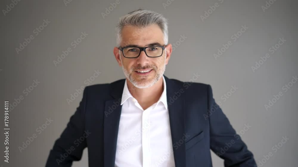 Portrait of businessman standing on grey background, isolated Portrait of businessman standing on grey background, isolated