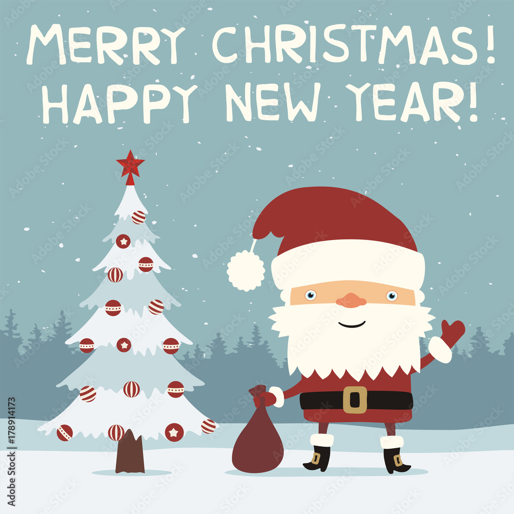 Merry Christmas and Happy New Year! Funny Santa Claus with gift sack. Christmas card with Santa Claus in cartoon style. Stock Vector | Adobe Stock Merry Christmas and Happy New Year! Funny Santa Claus with gift sack. Christmas card with Santa Claus in cartoon style. Stock Vector | Adobe Stock