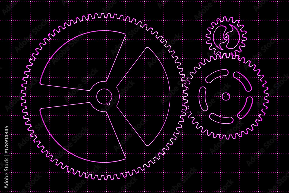 Set of violet gears and cogs on virtual screen Set of violet gears and cogs on virtual screen