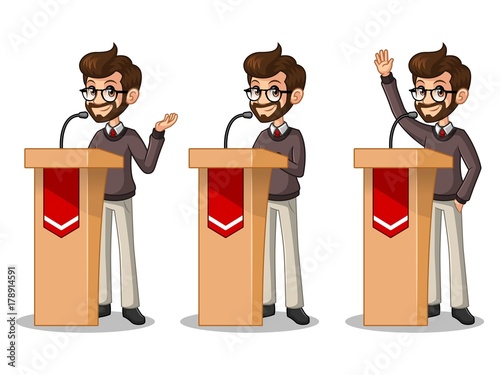 Set of hipster businessman cartoon character design politician orator public speaker giving a talk speech presentation standing behind rostrum podium, isolated against white background.