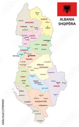 Albania administrative and political map with flag