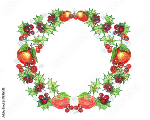 Watercolor illustration. Christmas wreath with red berries, apples, citrus, holly. Holiday background.
