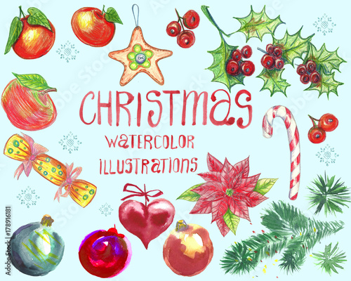 Watercolor Christmas set. Fir tree s branch  lollipops  candies  poinsettia  holly  citrus  apples  christmas decoration  snowflakes.
