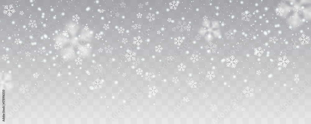 Vector heavy snowfall, snowflakes in different shapes and forms. Many white cold flake elements on transparent background. White snowflakes flying in the air. Snow flakes, snow background. - obrazy, fototapety, plakaty 