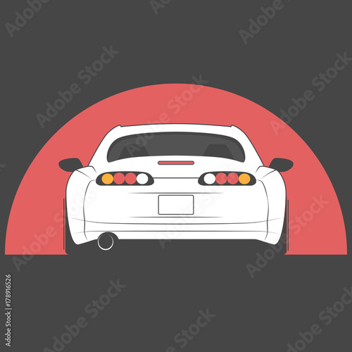 Vector sport japan car on red sun background. Car sketch. Back view.