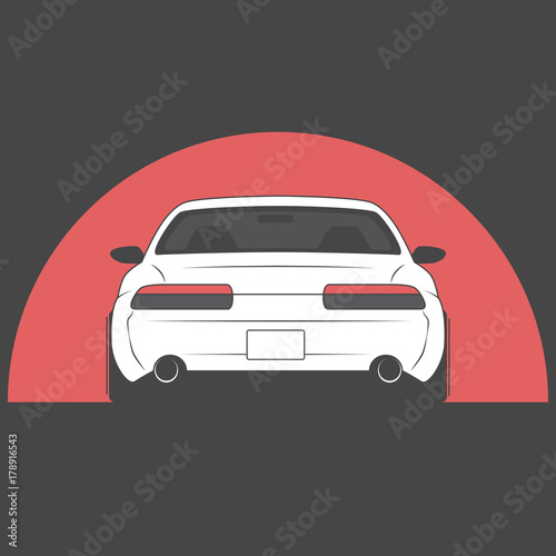 Vector sport japan car on red sun background. Car sketch. Back view.