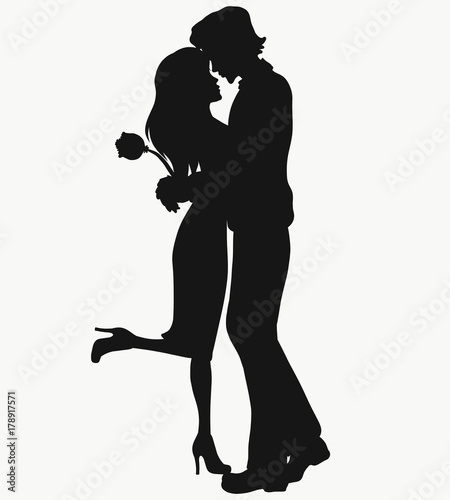 Romantic lovers, gentle embrace, silhouette