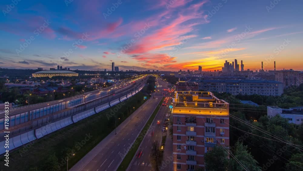 The Third Ring Road after sunset day to night timelapse aerial view from rooftop. Moscow, Russia. The Third Ring Road after sunset day to night timelapse aerial view from rooftop. Moscow, Russia.