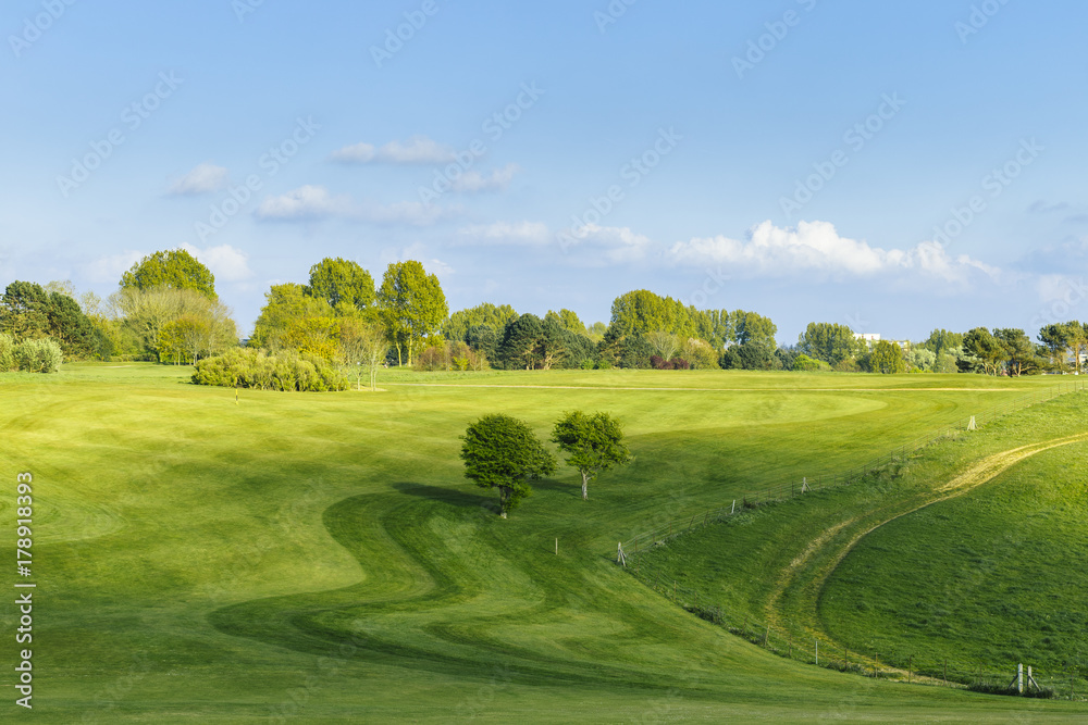 General view of a green golf course on a bright sunny day. Idyllic summer landscape. Sport, relax, recreation and leisure concept