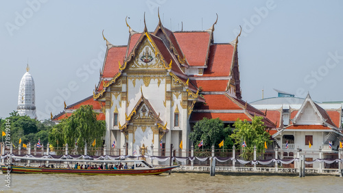 Wat Rakhang Buddhist Temple and the Chao Phraya River in Bangkok Thailand