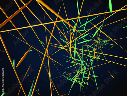 Abstract 3d rendering of chaotic green and orange lines on a dar