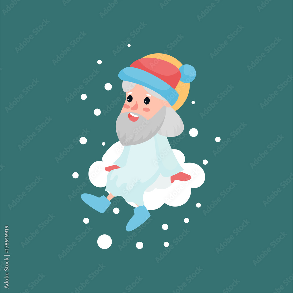 God character sitting on white cloud with snow falling around