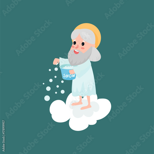 Happy god character throwing snow