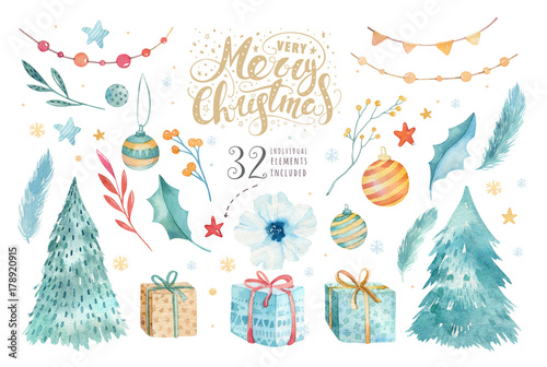 Merry Christmas watercolor set with floral elements. Happy New Year lettering poster collection. Winter flowers, gift and branch bouquets decoration. Gold and green