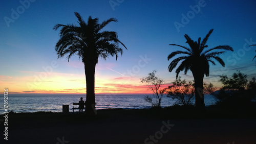 Bright sunset on the Montenegrin coast in the Bar. Silhouettes of palm trees and a man sitting on a bench on the shore