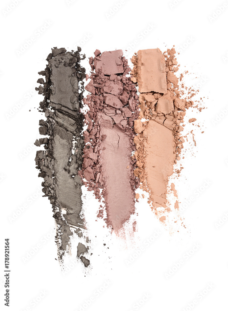 Smear of crushed multicolored eyeshadow as sample of cosmetic product - obrazy, fototapety, plakaty 