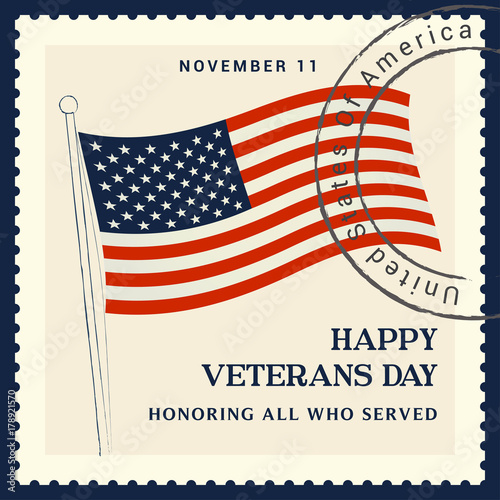 Veterans Day Vector illustration, Honoring all who served with USA flag waving. postage stamp concept