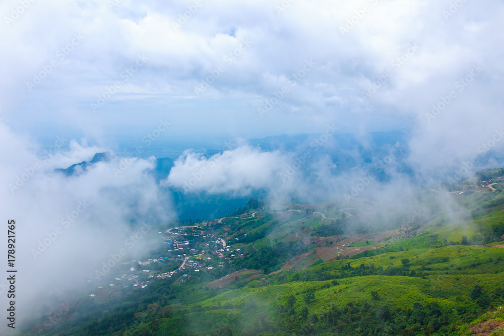 Fototapeta premium Phu Tub Berk mountain with mist, Thailand