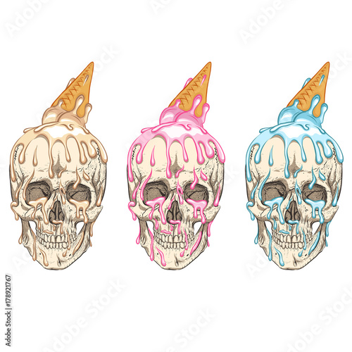 Ice cream flows over the skull. Three colors.