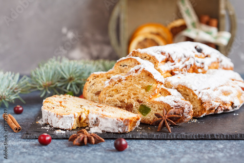 Christmas stollen, dark background. photo